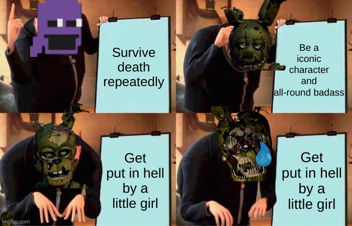 Gru's Plan | Be a iconic character and all-round badass; Survive death repeatedly; Get put in hell by a little girl; Get put in hell by a little girl | image tagged in memes,gru's plan | made w/ Imgflip meme maker