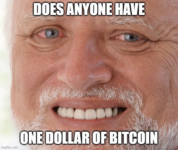 please | DOES ANYONE HAVE; ONE DOLLAR OF BITCOIN | image tagged in hide the pain harold | made w/ Imgflip meme maker