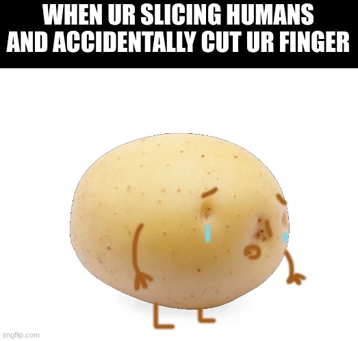 sad potato | WHEN UR SLICING HUMANS AND ACCIDENTALLY CUT UR FINGER | image tagged in sad potato | made w/ Imgflip meme maker