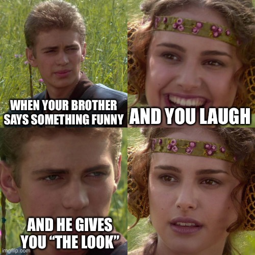 Anakin Padme 4 Panel | WHEN YOUR BROTHER SAYS SOMETHING FUNNY; AND YOU LAUGH; AND HE GIVES YOU “THE LOOK” | image tagged in anakin padme 4 panel | made w/ Imgflip meme maker