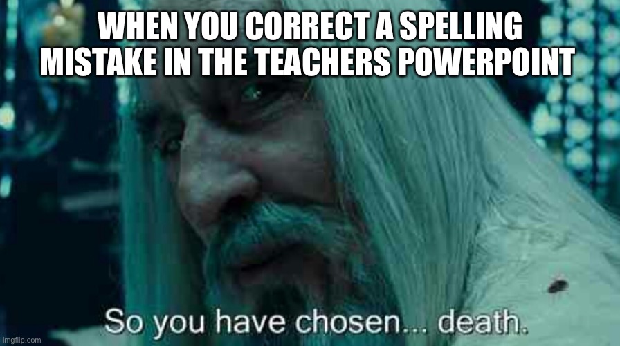 So you have chosen death | WHEN YOU CORRECT A SPELLING MISTAKE IN THE TEACHERS POWERPOINT | image tagged in so you have chosen death | made w/ Imgflip meme maker