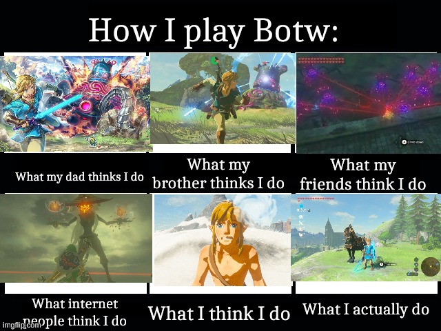 The last image is actually a screenshot | How I play Botw:; What my brother thinks I do; What my friends think I do; What my dad thinks I do; What I actually do; What internet people think I do; What I think I do | image tagged in what my friends think i do | made w/ Imgflip meme maker