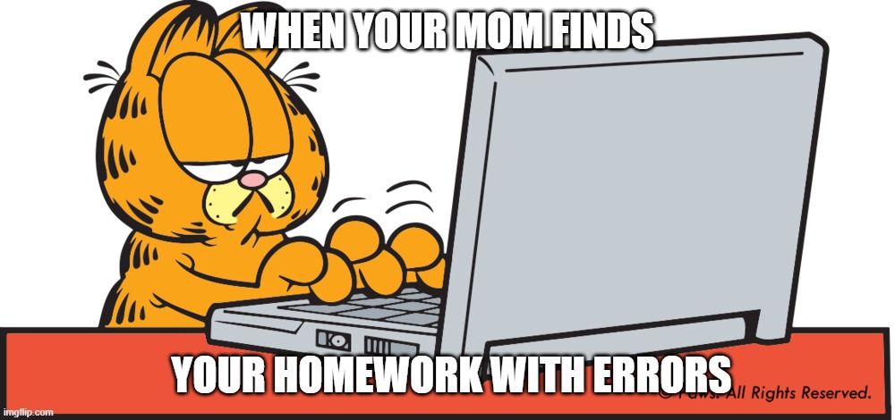 When your mom finds your homework | WHEN YOUR MOM FINDS; YOUR HOMEWORK WITH ERRORS | image tagged in garfield on computer | made w/ Imgflip meme maker