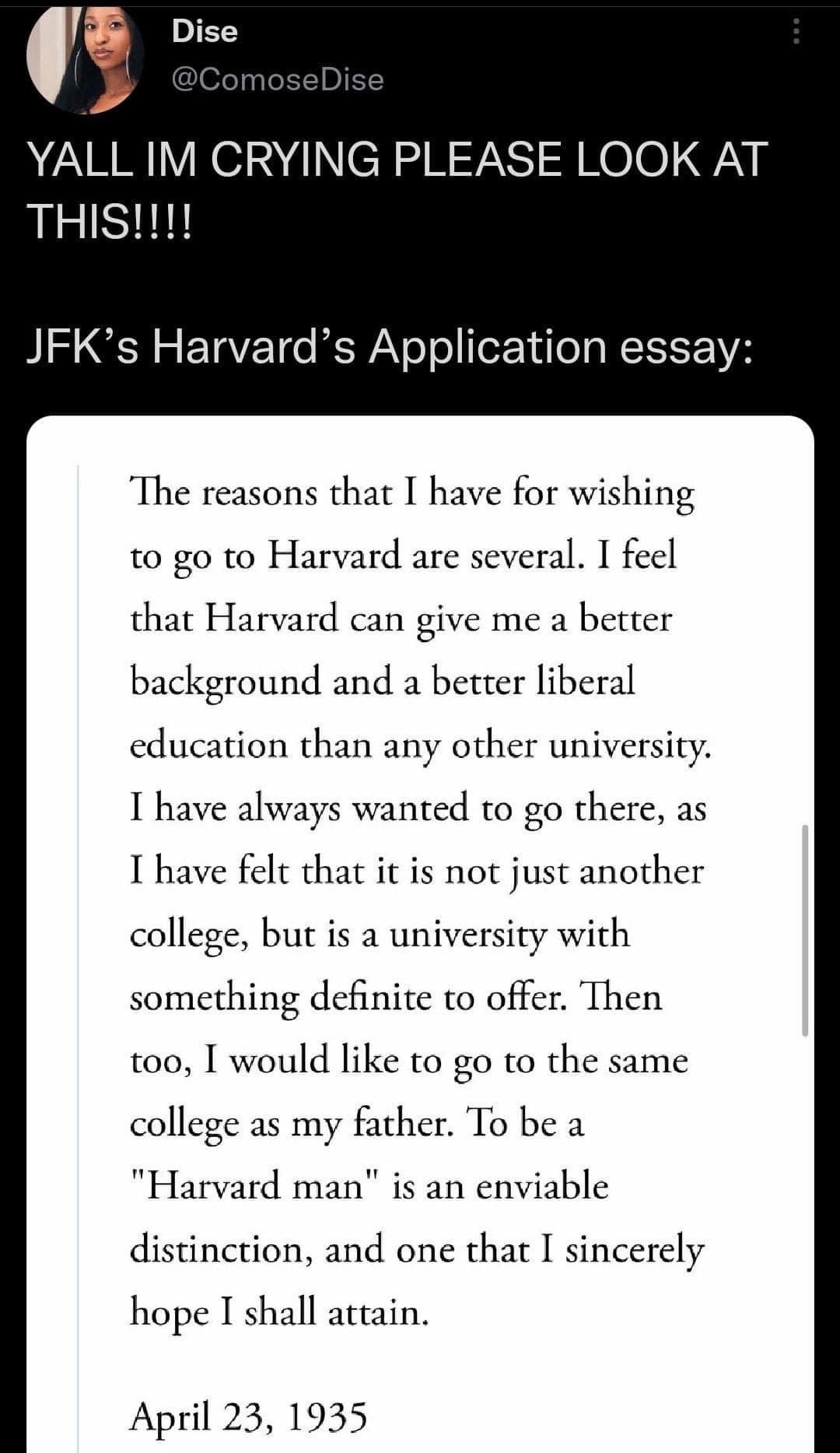 JFK Harvard application essay Blank Meme Template