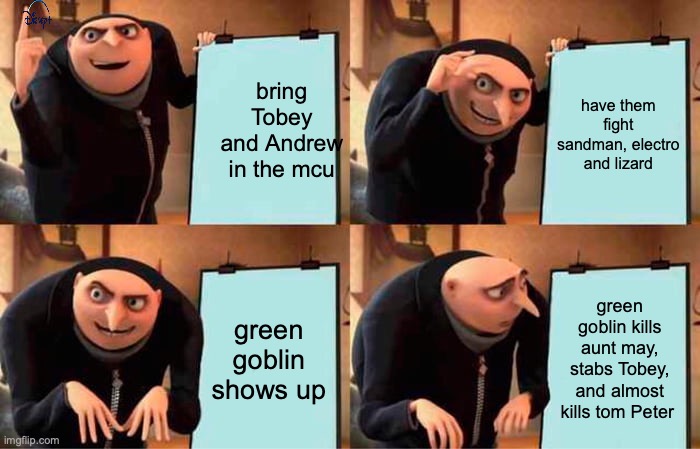 guru runs Spiderman | bring Tobey and Andrew in the mcu; have them fight sandman, electro and lizard; green goblin shows up; green goblin kills aunt may, stabs Tobey, and almost kills tom Peter | image tagged in memes,gru's plan | made w/ Imgflip meme maker