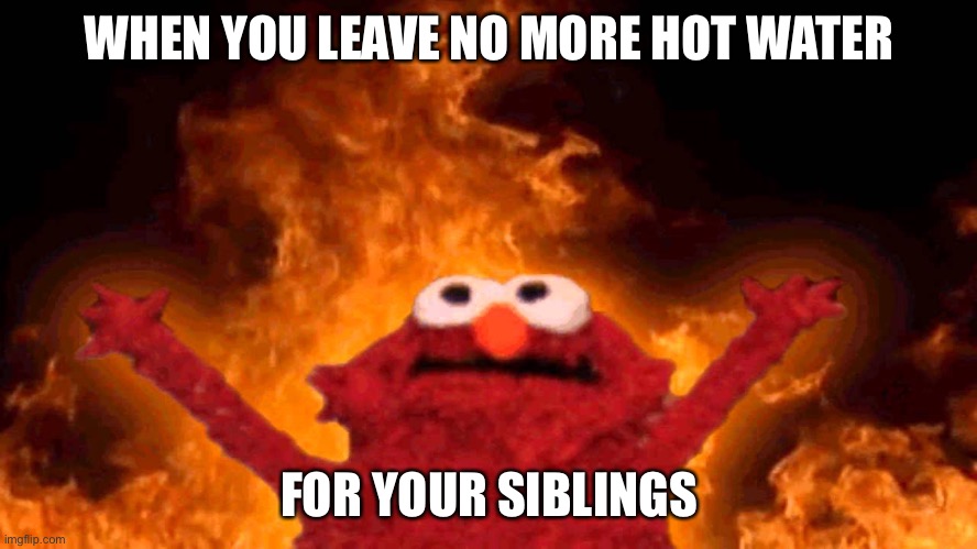 elmo fire | WHEN YOU LEAVE NO MORE HOT WATER FOR YOUR SIBLINGS | image tagged in elmo fire | made w/ Imgflip meme maker