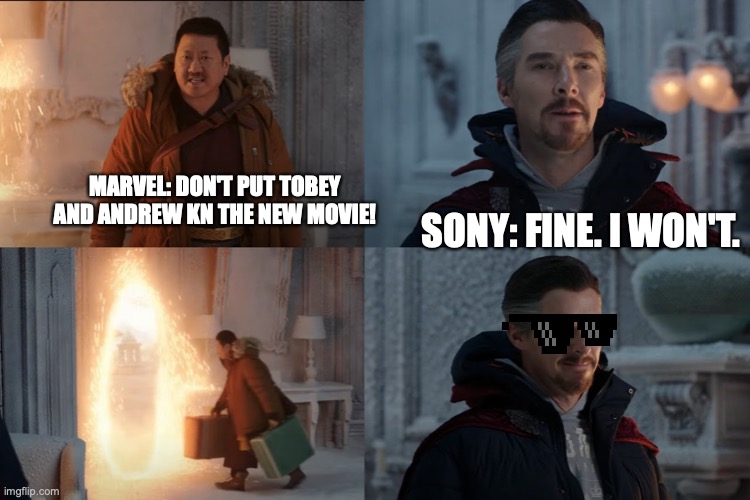 Sony vs marvel | MARVEL: DON'T PUT TOBEY AND ANDREW KN THE NEW MOVIE! SONY: FINE. I WON'T. | image tagged in dr strange no way home | made w/ Imgflip meme maker