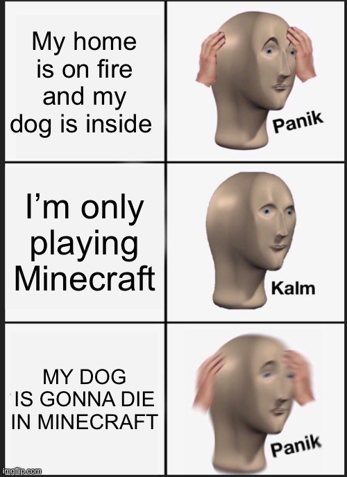 True story though D: | My home is on fire and my dog is inside; I’m only playing Minecraft; MY DOG IS GONNA DIE IN MINECRAFT | image tagged in panik kalm panik,noooooooooooooooooooooooo | made w/ Imgflip meme maker