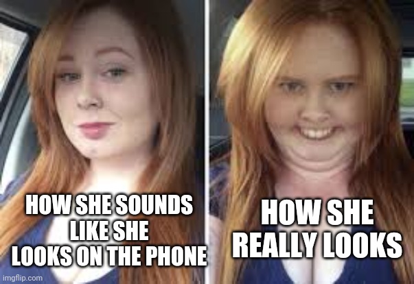 Pretty vs Ugly Girl Template by MemerGirl2020 | HOW SHE SOUNDS LIKE SHE LOOKS ON THE PHONE HOW SHE REALLY LOOKS | image tagged in pretty vs ugly girl template by memergirl2020 | made w/ Imgflip meme maker