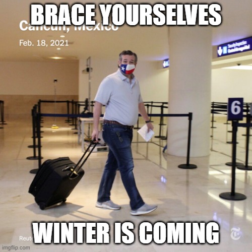 Ted Cruz Cancun | BRACE YOURSELVES; WINTER IS COMING | image tagged in ted cruz cancun | made w/ Imgflip meme maker