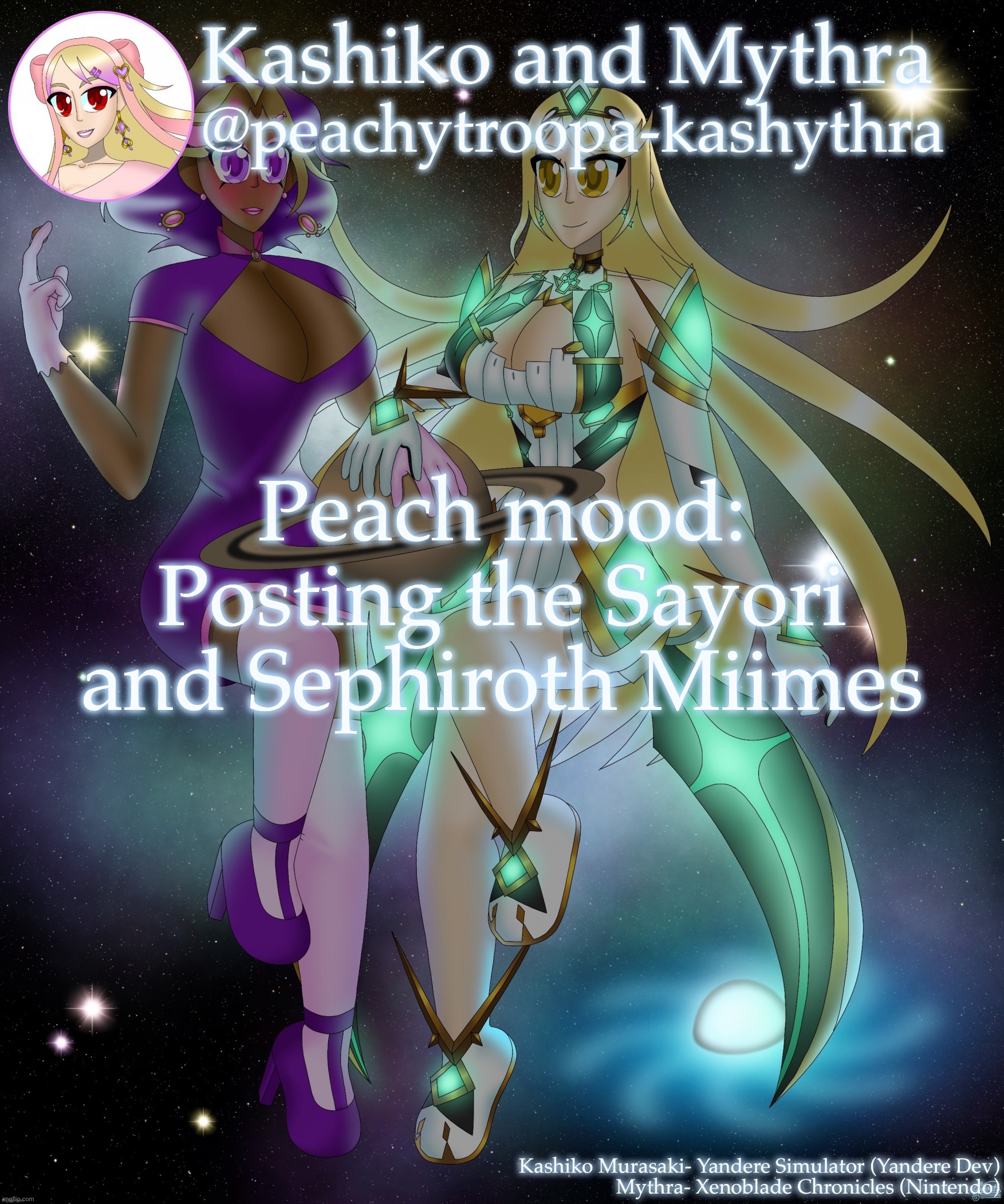 Kashiko Murasaki and Mythra | Peach mood: Posting the Sayori and Sephiroth Miimes | image tagged in kashiko murasaki and mythra | made w/ Imgflip meme maker