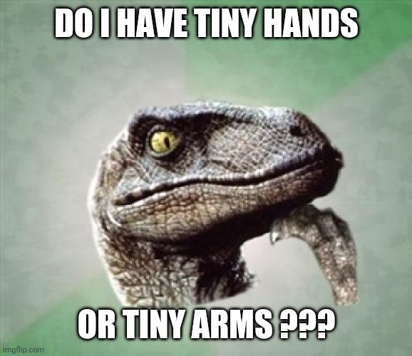 T-Rex wonder | DO I HAVE TINY HANDS OR TINY ARMS ??? | image tagged in t-rex wonder | made w/ Imgflip meme maker