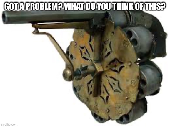 48 shot revolver | GOT A PROBLEM? WHAT DO YOU THINK OF THIS? | image tagged in much wow | made w/ Imgflip meme maker