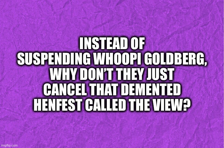 Who watches that drivel? | INSTEAD OF SUSPENDING WHOOPI GOLDBERG, WHY DON’T THEY JUST CANCEL THAT DEMENTED HENFEST CALLED THE VIEW? | image tagged in generic purple background,the view,whoopi goldberg,joy behar,memes | made w/ Imgflip meme maker