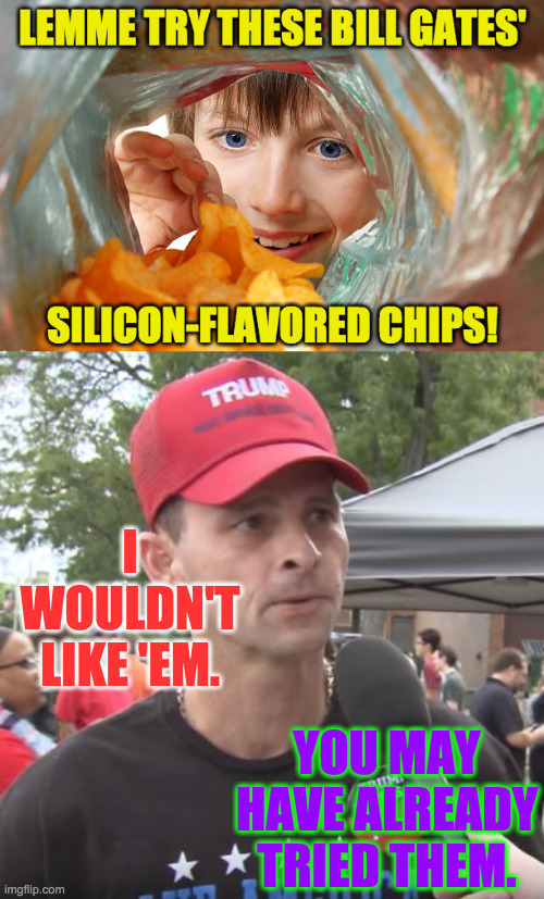 Now in mini-booster size! | I WOULDN'T LIKE 'EM. YOU MAY HAVE ALREADY TRIED THEM. | image tagged in trump supporter,memes,silicon-flavored chips,bill gates,magalicious | made w/ Imgflip meme maker