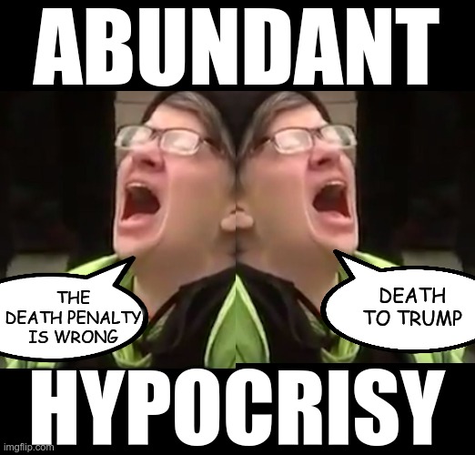 ABUNDANT HYPOCRISY THE DEATH PENALTY IS WRONG DEATH TO TRUMP | image tagged in screaming liberal | made w/ Imgflip meme maker