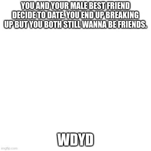 Blank Transparent Square | YOU AND YOUR MALE BEST FRIEND DECIDE TO DATE. YOU END UP BREAKING UP BUT YOU BOTH STILL WANNA BE FRIENDS. WDYD | image tagged in memes,blank transparent square | made w/ Imgflip meme maker