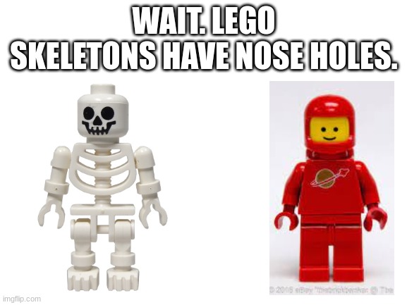 Wait a second | WAIT. LEGO SKELETONS HAVE NOSE HOLES. | image tagged in blank white template,lego | made w/ Imgflip meme maker