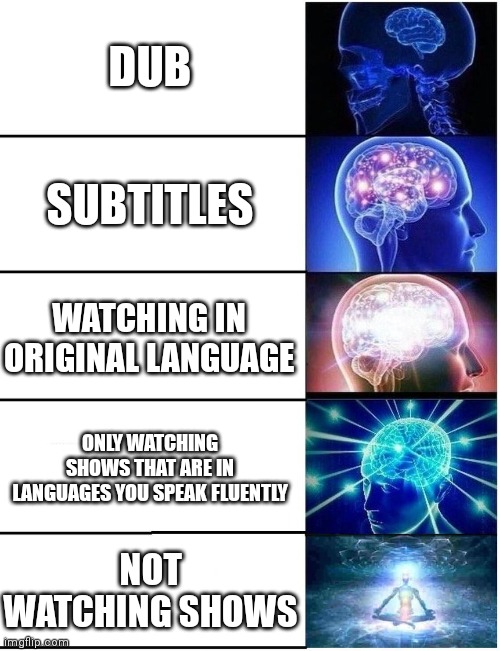 Dub | DUB; SUBTITLES; WATCHING IN ORIGINAL LANGUAGE; ONLY WATCHING SHOWS THAT ARE IN LANGUAGES YOU SPEAK FLUENTLY; NOT WATCHING SHOWS | image tagged in expanding brain 5 panel | made w/ Imgflip meme maker