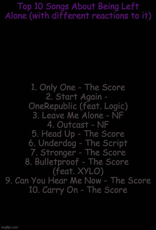 another "top 10"! :D (dont ask where THIS idea came from, but ye) | Top 10 Songs About Being Left Alone (with different reactions to it); 1. Only One - The Score
2. Start Again - 
OneRepublic (feat. Logic)
3. Leave Me Alone - NF
4. Outcast - NF
5. Head Up - The Score
6. Underdog - The Script
7. Stronger - The Score
8. Bulletproof - The Score 
(feat. XYLO)
9. Can You Hear Me Now - The Score
10. Carry On - The Score | image tagged in blank black,leave me alone,forever alone,score | made w/ Imgflip meme maker