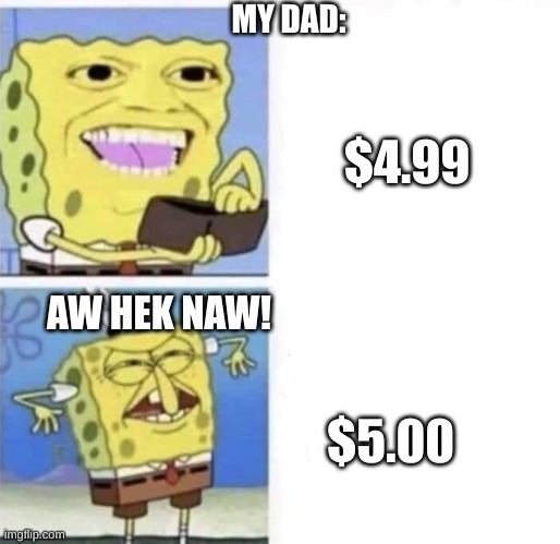 Everyones dad in a nutshell | MY DAD:; $4.99; AW HEK NAW! $5.00 | image tagged in funny,money | made w/ Imgflip meme maker