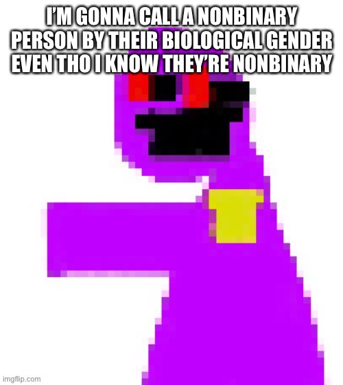 (Honu) (honu) (honu) | I’M GONNA CALL A NONBINARY PERSON BY THEIR BIOLOGICAL GENDER EVEN THO I KNOW THEY’RE NONBINARY | image tagged in the funni man behind the slaughter | made w/ Imgflip meme maker