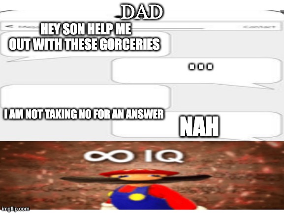 IQ x1000 | DAD; HEY SON HELP ME OUT WITH THESE GORCERIES; . . . NAH; I AM NOT TAKING NO FOR AN ANSWER | image tagged in infinite iq,blank text conversation | made w/ Imgflip meme maker