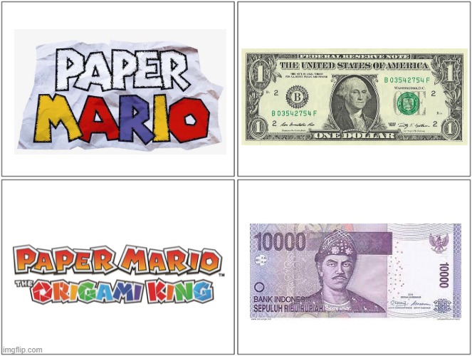 OG Paper Mario vs Modern Paper Mario | image tagged in memes,blank comic panel 2x2,paper mario,paper mario 64,paper mario tok,paper mario memes | made w/ Imgflip meme maker