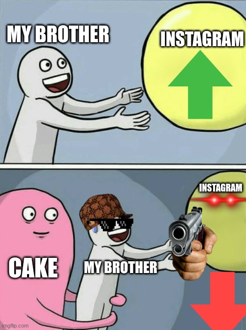 My 24.7 | INSTAGRAM; MY BROTHER; INSTAGRAM; CAKE; MY BROTHER | image tagged in memes,running away balloon | made w/ Imgflip meme maker