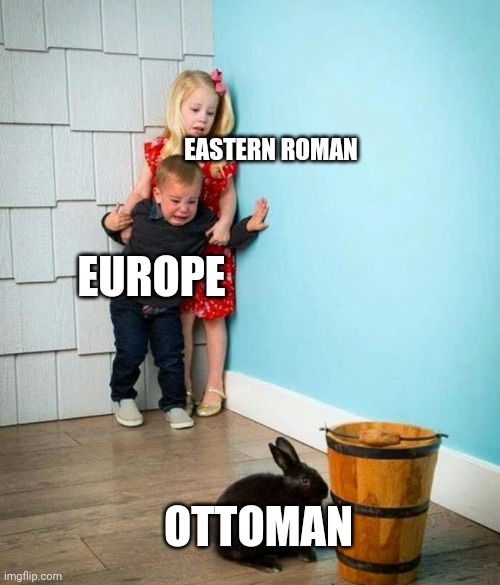 Ottoman EMpire | EASTERN ROMAN; EUROPE; OTTOMAN | image tagged in children scared of rabbit,children,rabbit,crusader,pdx,ottoman | made w/ Imgflip meme maker