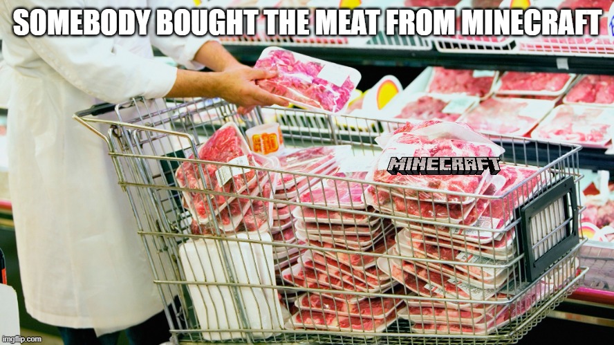 Meat in shopping cart | SOMEBODY BOUGHT THE MEAT FROM MINECRAFT | image tagged in meat in shopping cart,minecraft,memes | made w/ Imgflip meme maker