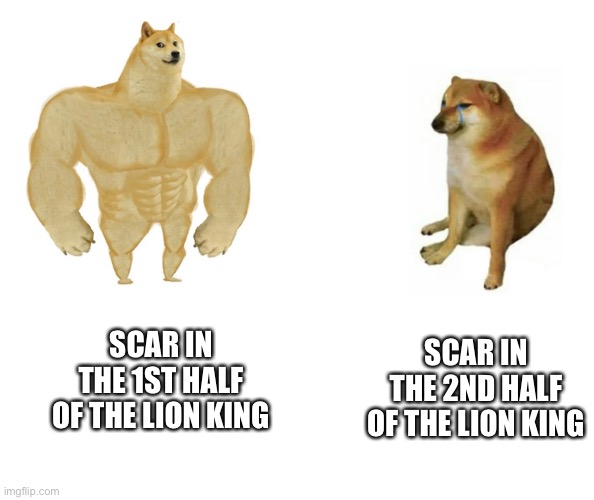 SCAR IN THE 2ND HALF OF THE LION KING; SCAR IN THE 1ST HALF OF THE LION KING | image tagged in DisneyMemes | made w/ Imgflip meme maker