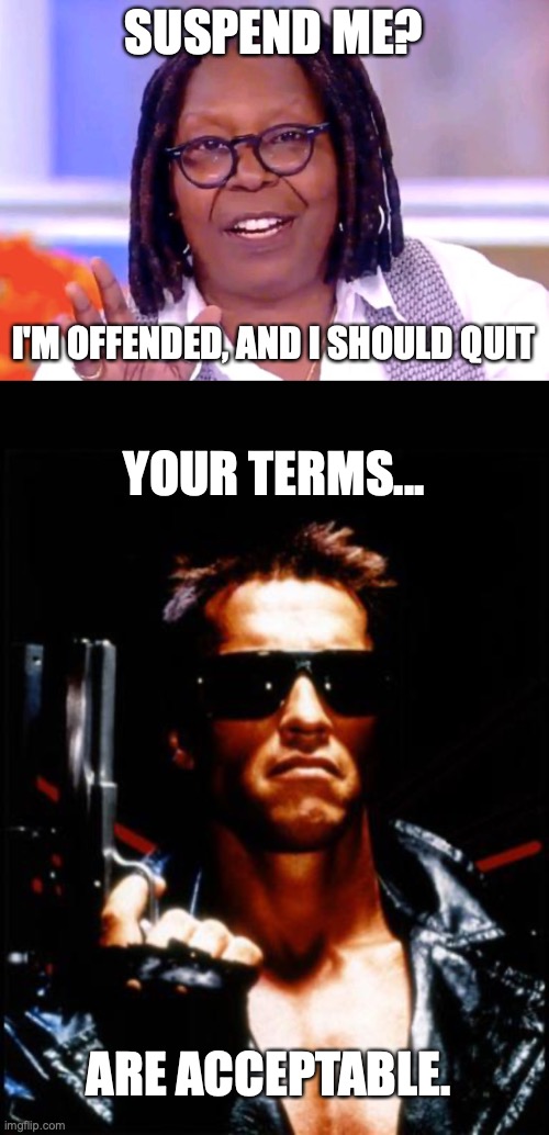 SUSPEND ME? I'M OFFENDED, AND I SHOULD QUIT YOUR TERMS... ARE ACCEPTABLE. | image tagged in whoopi goldberg,terminator arnold schwarzenegger | made w/ Imgflip meme maker
