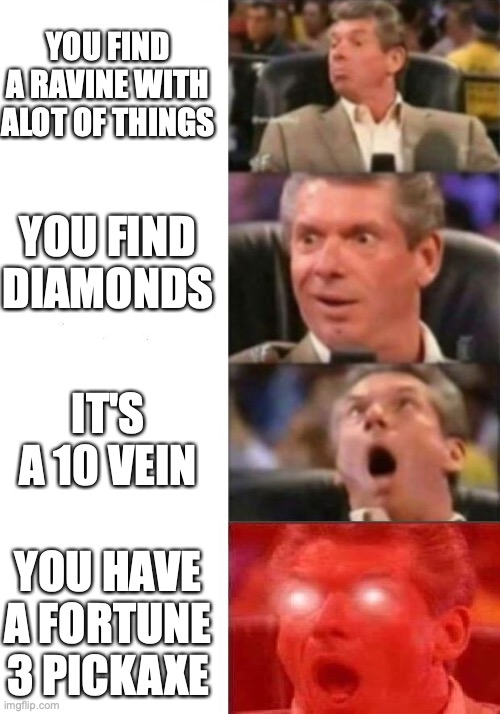 Mr. McMahon reaction | YOU FIND A RAVINE WITH ALOT OF THINGS; YOU FIND DIAMONDS; IT'S A 10 VEIN; YOU HAVE A FORTUNE 3 PICKAXE | image tagged in mr mcmahon reaction | made w/ Imgflip meme maker