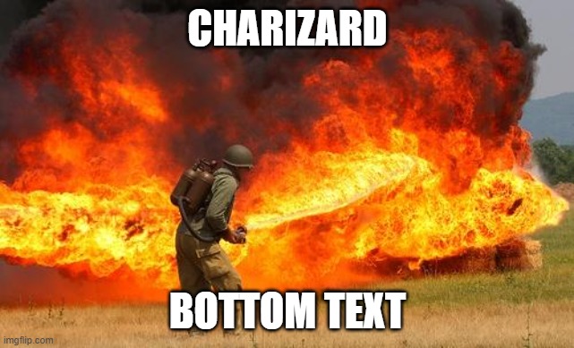 fwoom | CHARIZARD; BOTTOM TEXT | image tagged in nope flamethrower | made w/ Imgflip meme maker