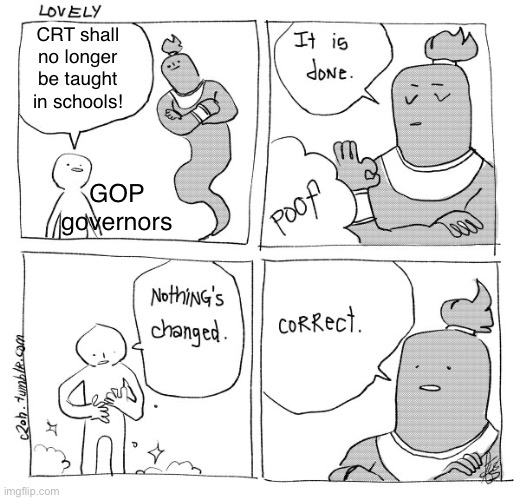 It isn’t being taught to kids in schools. | CRT shall no longer be taught in schools! GOP governors | image tagged in i wish genie nothing's changed,crt,critical race theory,conservative logic,republicans,gop | made w/ Imgflip meme maker