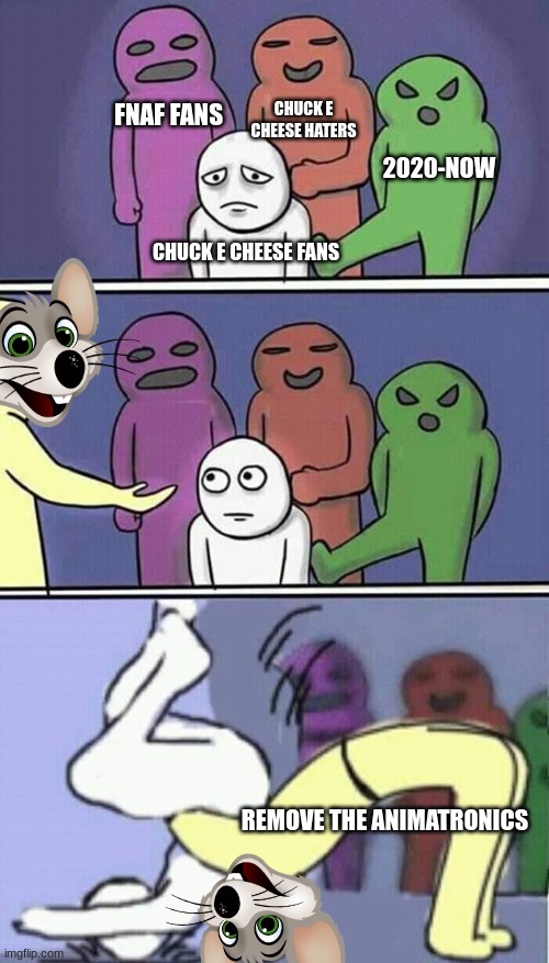 chuck e cheese MEMES | FNAF FANS; CHUCK E CHEESE HATERS; 2020-NOW; CHUCK E CHEESE FANS; REMOVE THE ANIMATRONICS | image tagged in problems stress pain | made w/ Imgflip meme maker