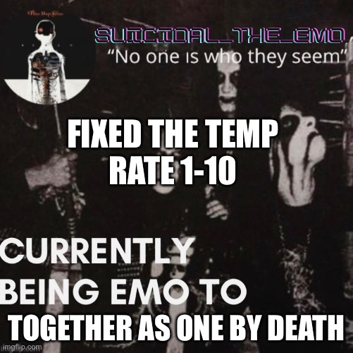 Just got a call from the school teacher and I got a call from the school teacher and I asked him to do it it all looks like it w | FIXED THE TEMP
RATE 1-10; TOGETHER AS ONE BY DEATH | image tagged in pie charts | made w/ Imgflip meme maker