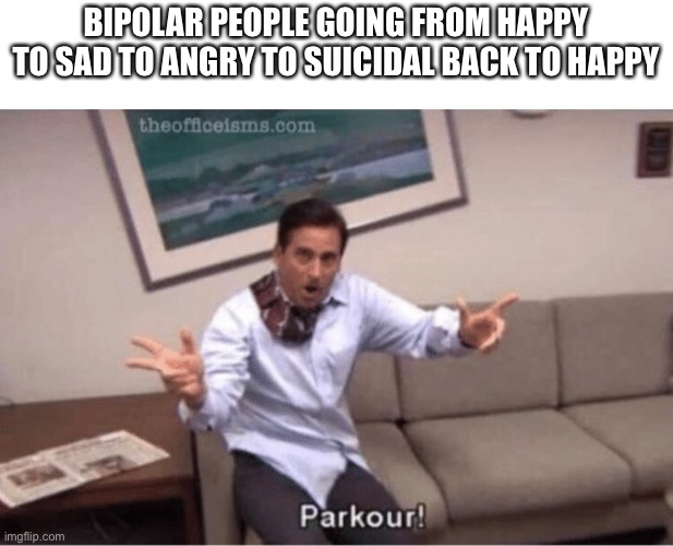 Bipolar moment | BIPOLAR PEOPLE GOING FROM HAPPY TO SAD TO ANGRY TO SUICIDAL BACK TO HAPPY | image tagged in parkour | made w/ Imgflip meme maker