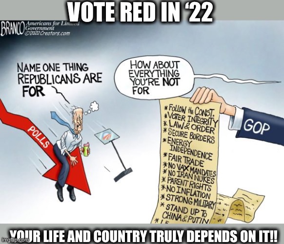 Red wave in ‘22!! | VOTE RED IN ‘22; YOUR LIFE AND COUNTRY TRULY DEPENDS ON IT!! | image tagged in joe biden,vote,memes,2022,democrats,republicans | made w/ Imgflip meme maker