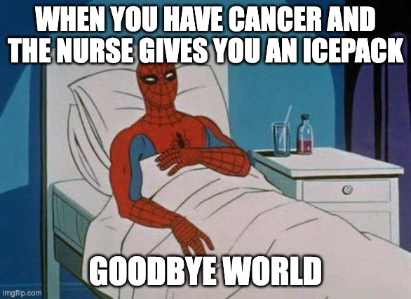nurses at my school | WHEN YOU HAVE CANCER AND THE NURSE GIVES YOU AN ICEPACK; GOODBYE WORLD | image tagged in memes,spiderman hospital,spiderman | made w/ Imgflip meme maker