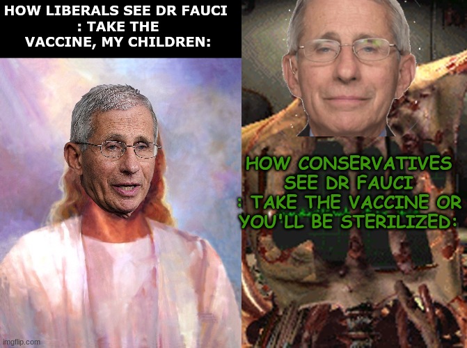 This is a meme this is not meant to be taken seriously | HOW CONSERVATIVES SEE DR FAUCI
: TAKE THE VACCINE OR YOU'LL BE STERILIZED: | image tagged in joke,dr fauci,covid vaccine | made w/ Imgflip meme maker