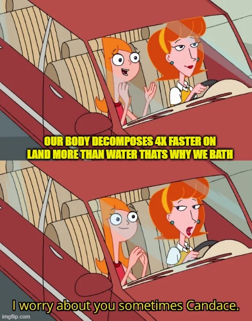 her mom is worrying for a reason | OUR BODY DECOMPOSES 4X FASTER ON LAND MORE THAN WATER THATS WHY WE BATH | image tagged in i worry about you sometimes candace | made w/ Imgflip meme maker