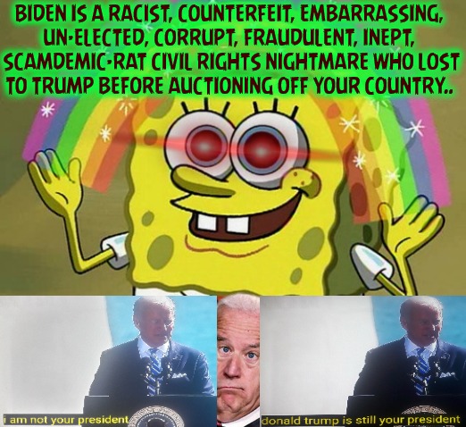 Miss The Real Winner Yet? | BIDEN IS A RACIST, COUNTERFEIT, EMBARRASSING,
UN-ELECTED, CORRUPT, FRAUDULENT, INEPT,
 SCAMDEMIC-RAT CIVIL RIGHTS NIGHTMARE WHO LOST
TO TRUMP BEFORE AUCTIONING OFF YOUR COUNTRY.. | image tagged in memes,imagination spongebob,voter fraud,election fraud,thomas had never seen such bullshit before,trump won 2020 | made w/ Imgflip meme maker