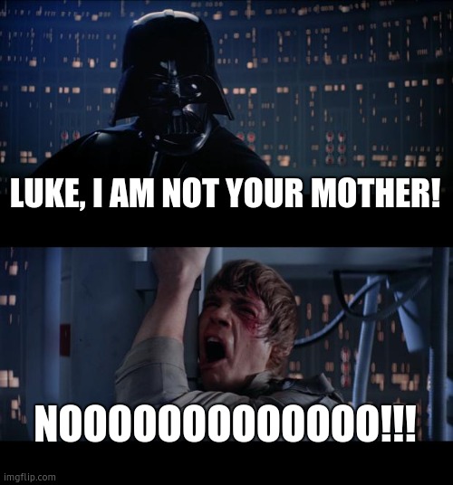 Star Wars No | LUKE, I AM NOT YOUR MOTHER! NOOOOOOOOOOOOO!!! | image tagged in memes,star wars no | made w/ Imgflip meme maker