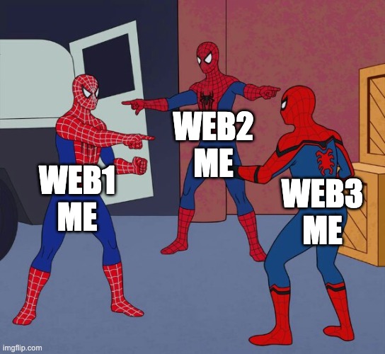 Web 1,2,3, ? | WEB2
ME; WEB1
ME; WEB3
ME | image tagged in spider man triple,web3 | made w/ Imgflip meme maker