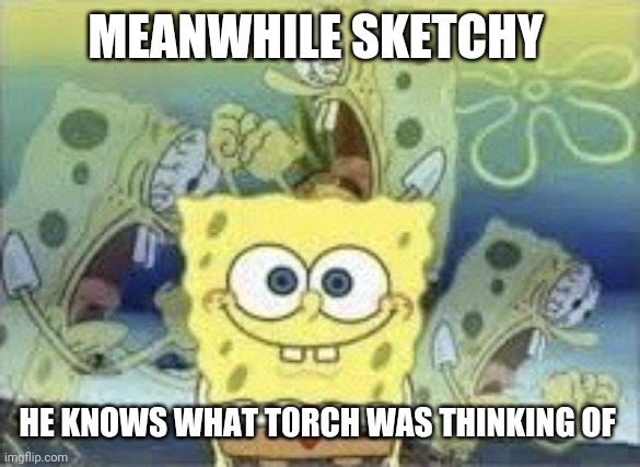 SpongeBob Internal Screaming | MEANWHILE SKETCHY HE KNOWS WHAT T0RCH WAS THINKING OF | image tagged in spongebob internal screaming | made w/ Imgflip meme maker