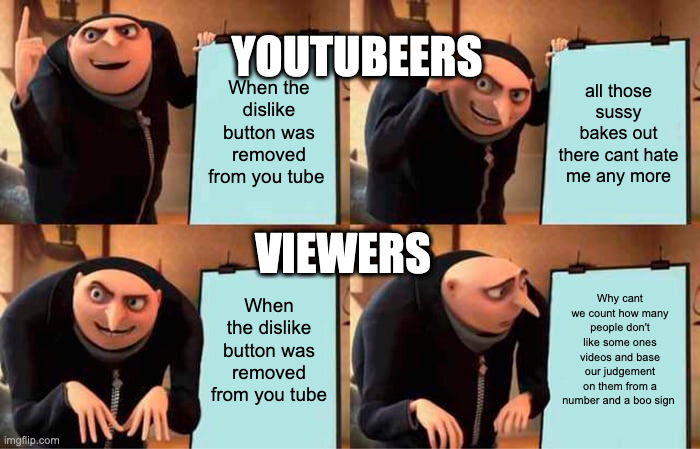 Yoootooz | YOUTUBEERS; When the dislike button was removed from you tube; all those sussy bakes out there cant hate me any more; VIEWERS; When the dislike button was removed from you tube; Why cant we count how many people don't like some ones videos and base our judgement on them from a number and a boo sign | image tagged in memes,gru's plan | made w/ Imgflip meme maker