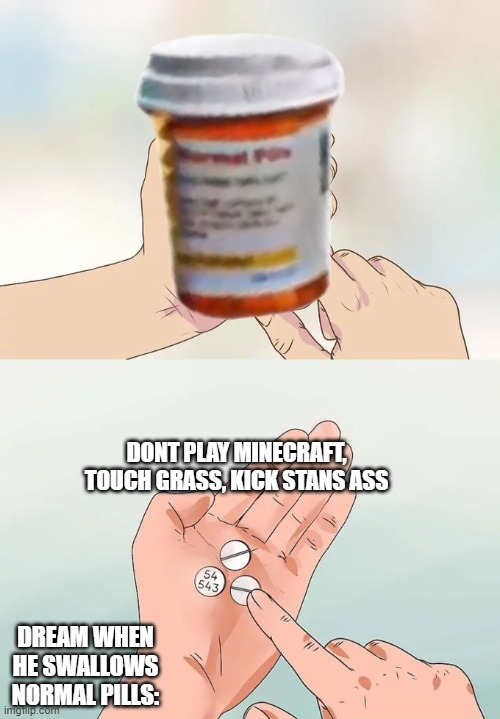 Hard To Swallow Pills Meme | DONT PLAY MINECRAFT, TOUCH GRASS, KICK STANS ASS; DREAM WHEN HE SWALLOWS NORMAL PILLS: | image tagged in memes,hard to swallow pills,normal pills,dream | made w/ Imgflip meme maker