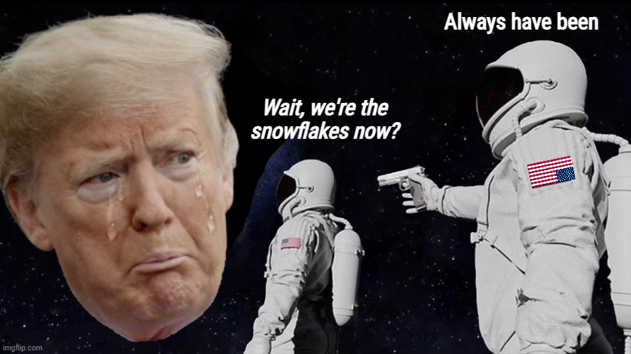 always were SNOWFLAKES | Always have been; Wait, we're the
snowflakes now? __ | image tagged in always has been,snowflakes,nevertrump,maga tears,copium | made w/ Imgflip meme maker